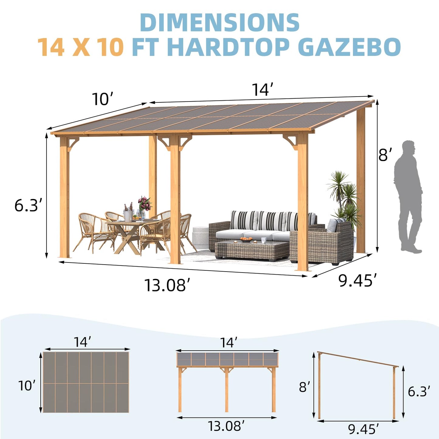 AECOJOY 14' x 10' Gazebo for Patio, Wood Grain Hard Top Lean to Gazebo Pergola with Roof (140 Sq.Ft Shaded), Large Wall-Mounted Heavy Duty Awnings for Patio, Decks, Backyard and More