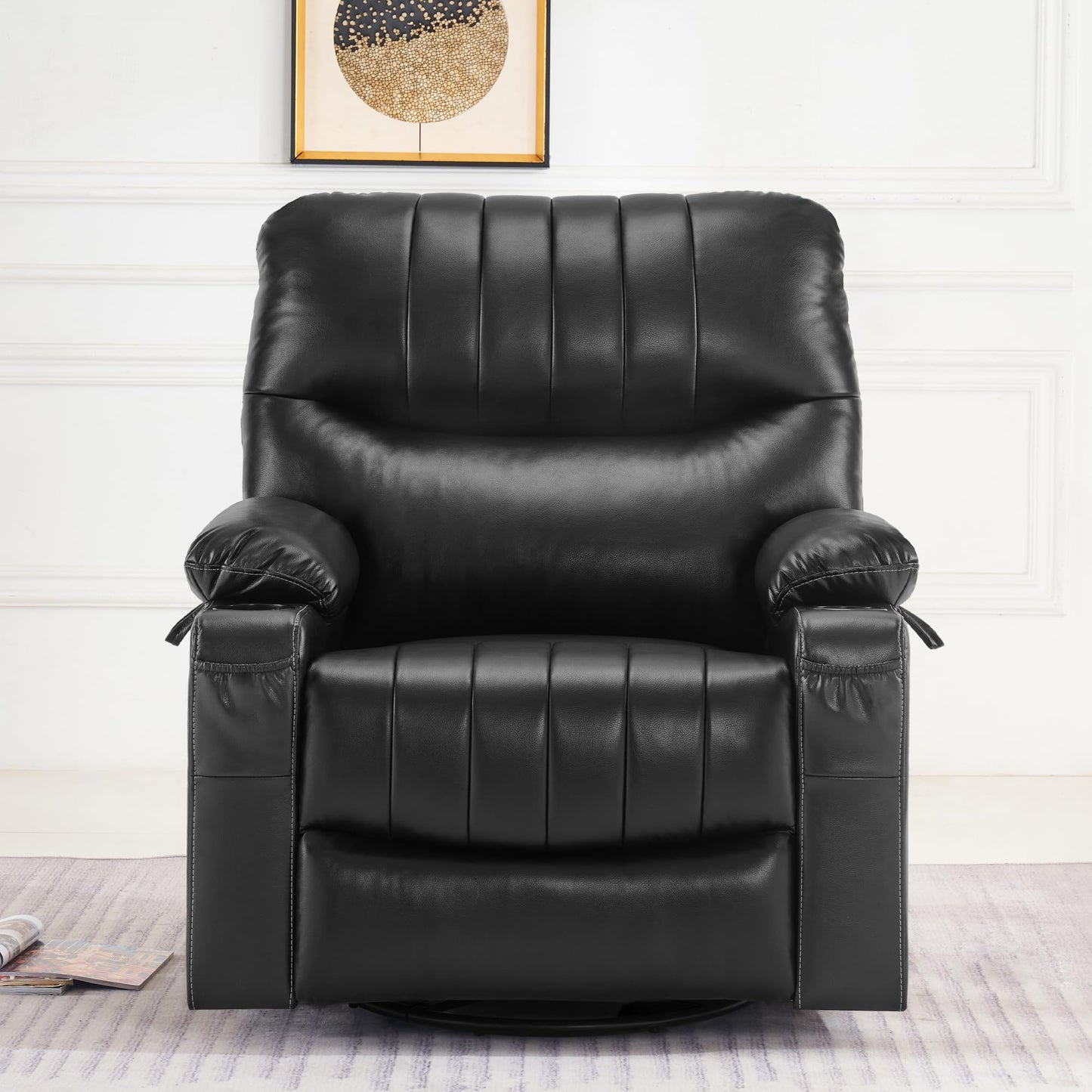 MCombo Oversized Swivel Glider Rocker Power Recliner Chair for Living Room with Heat and Vibration Massage, USB Ports, Cup Holders and Pockets, Faux Leather 7785 (Black)