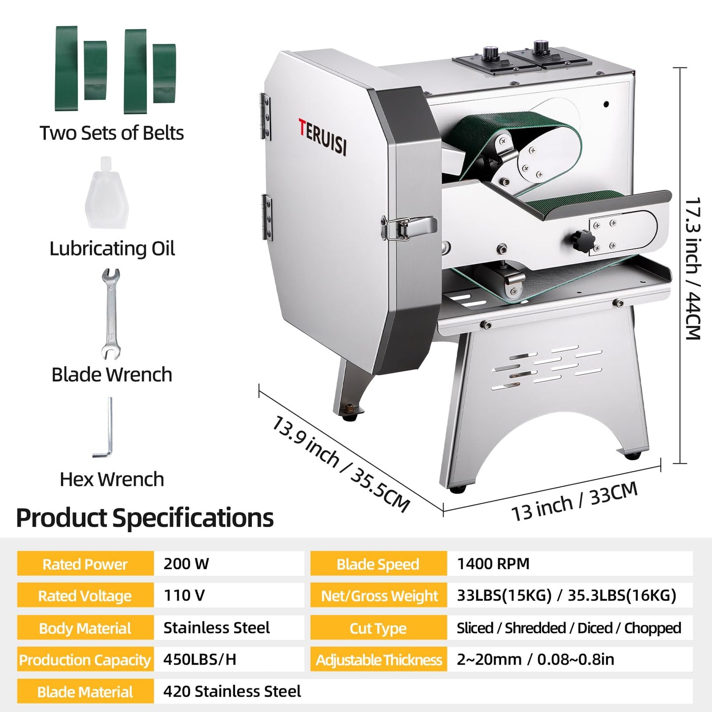 TERUISI Commercial Vegetable Chopper, 200W Electric Vegetable Cutter 450LBS/H Production, Stainless Steel Onion Chopper with Upgrade Removable Belts & Blades, 2-20mm Adjustable Thickness, 110V