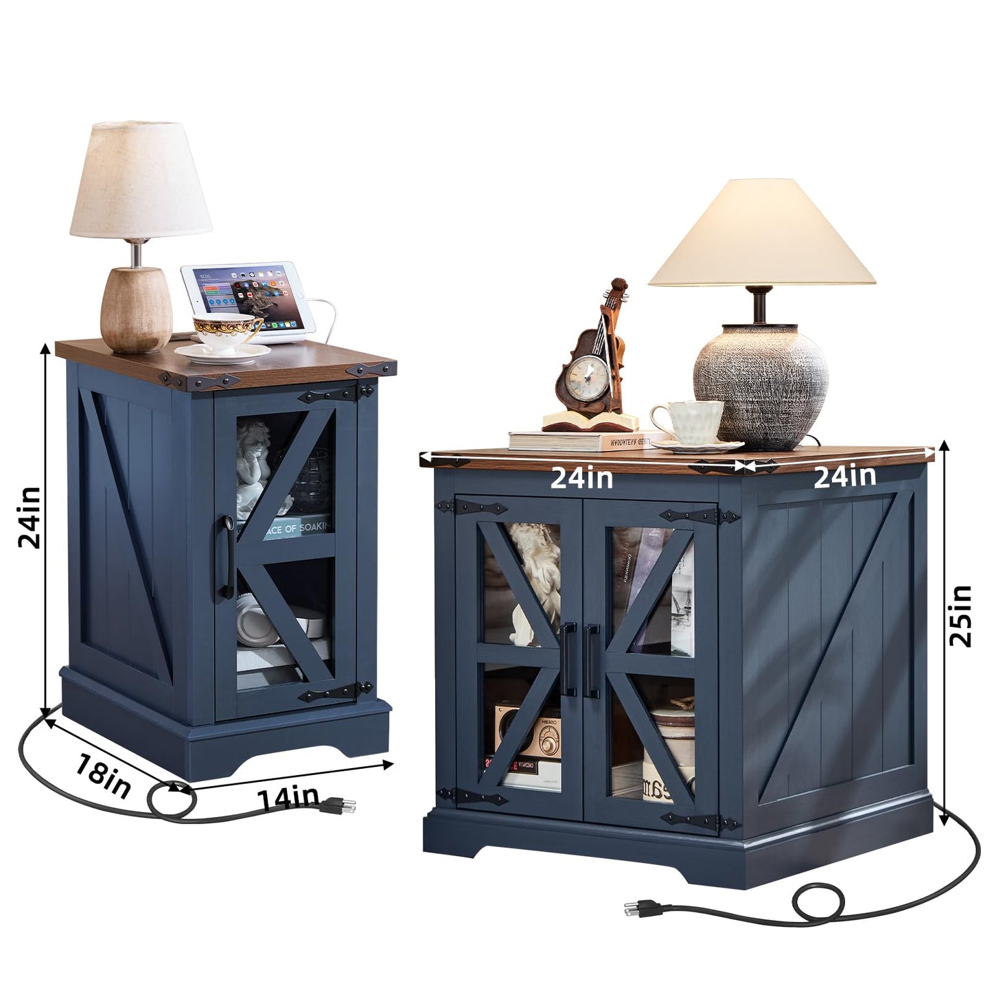 Joaxswe End Tables Living Room Set 3 with Charger Station, Farmhouse 18'' Narrow Night Stand and 24" Square Side Table with Glass Barn Door Storage, Wood Nightstand Bedside Tables for Bedroom Office 