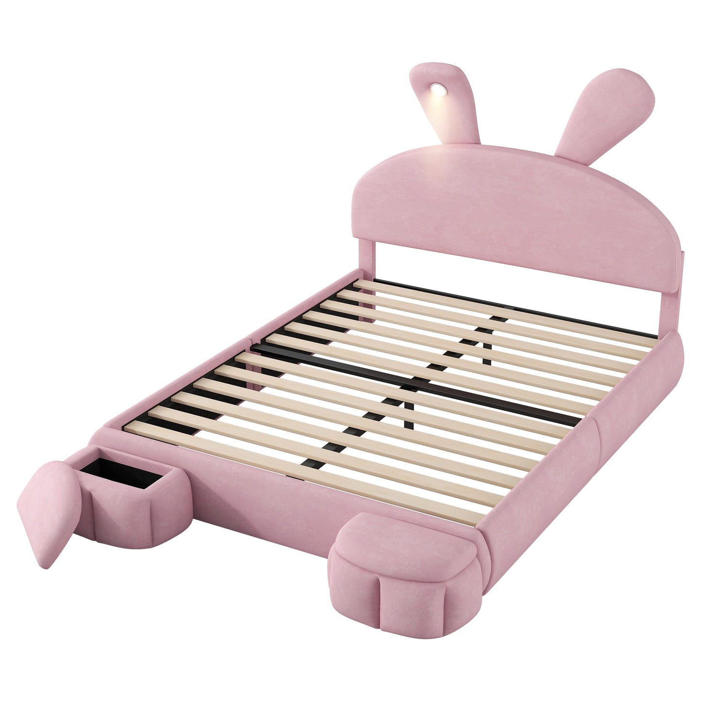 Merax Full Size Upholstered Platform Bed, with 2 Storage Stools, Cute Cartoon Ears Shaped Headboard, with a LED Light, Pink