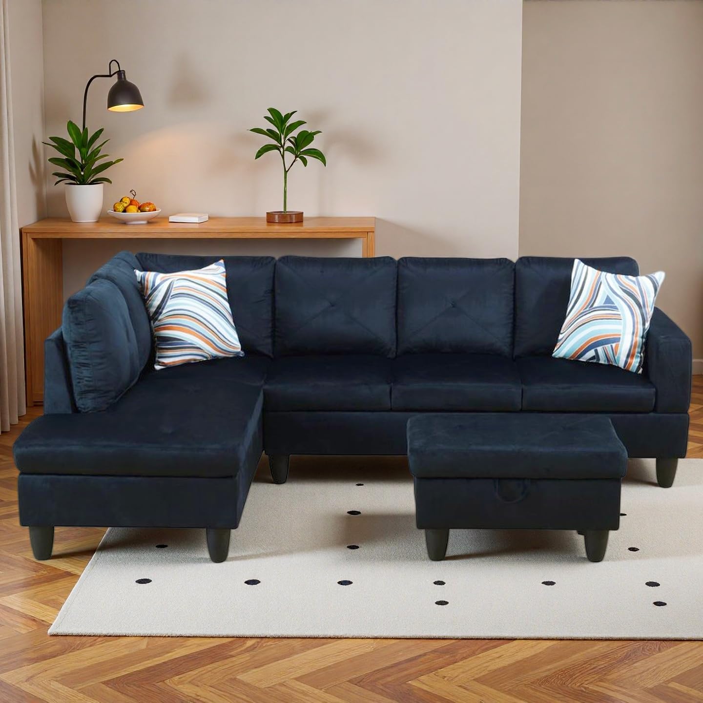 Trygoal 97" Linen 4-Seat L-Shaped Sectional Sofa with Movable Chaise & Storage Ottoman - 3-Piece Modular Convertible Couch for Living Room, Bedroom, Apartment & Office, Midnight Blue