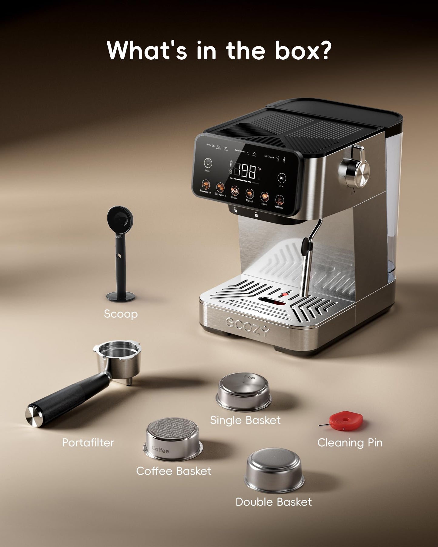 ecozy Espresso Machine & Coffee Maker Combo with Milk Frother, Guided Touchscreen Brewing, Create Café-Style Lattes, Cappuccinos & Americanos at Home, Smart Touchscreen, Stainless Steel