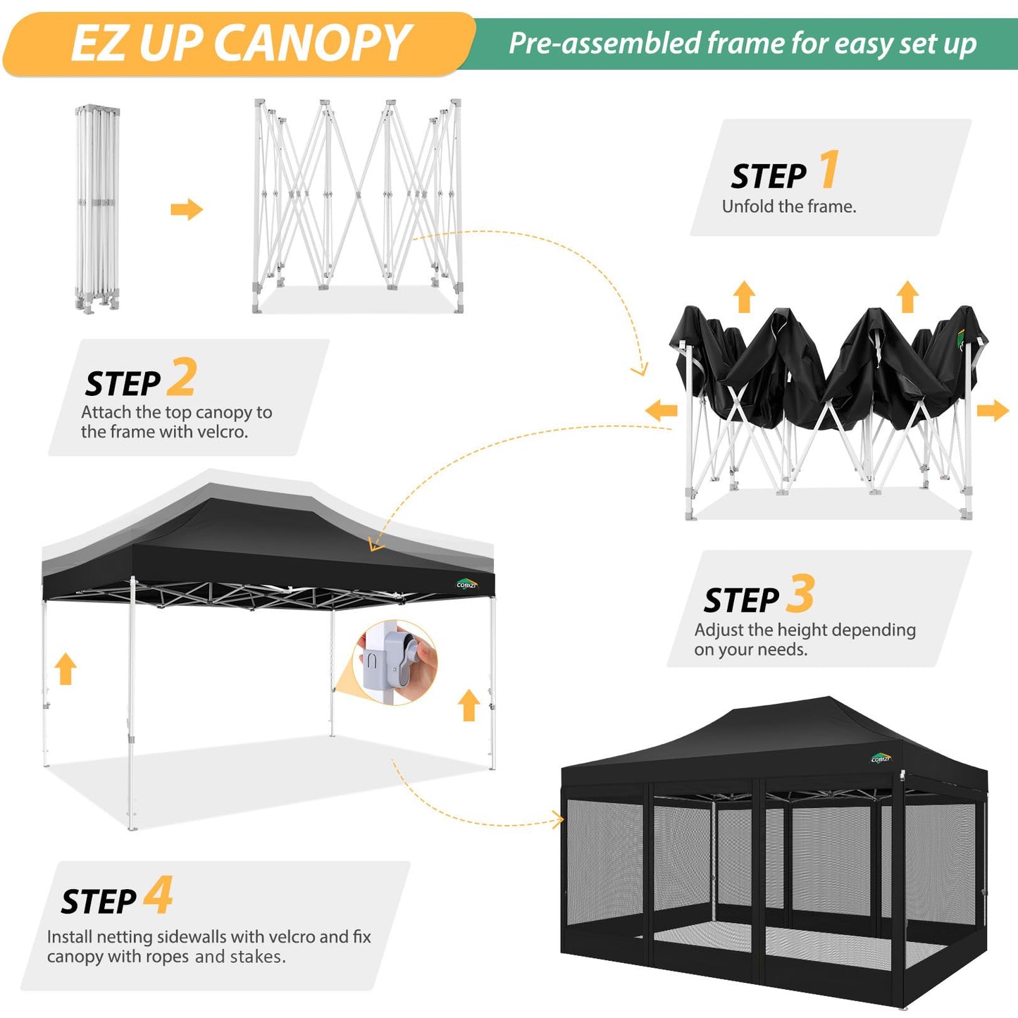 COBIZI 10x15 Canopy Tent with 4 Sidewalls,Heavy Duty Pop up Canopy with Mosquito Netting,Easy up Screen Tent for Parties Wedding Patio with Handbag,Black