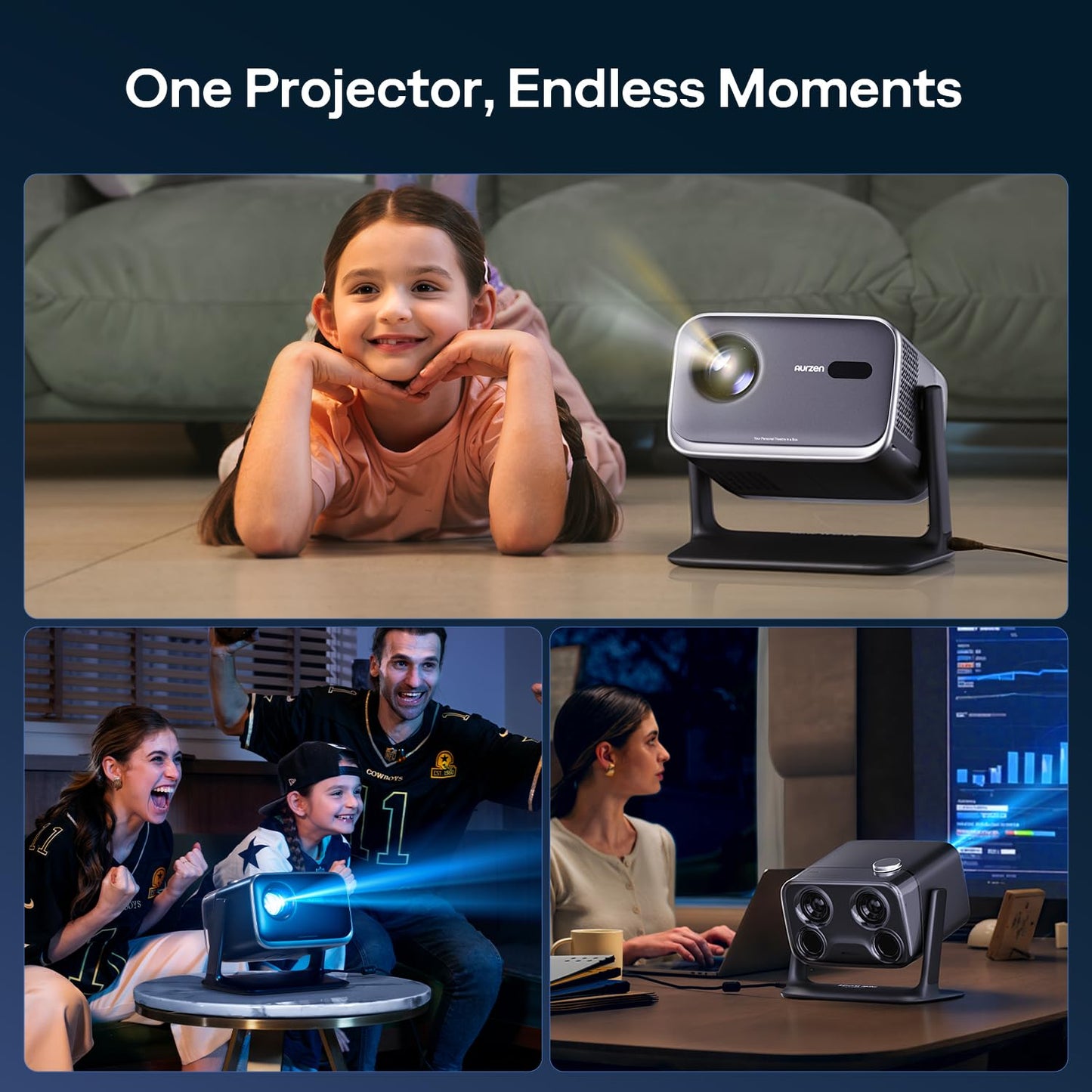 Aurzen BOOM mini Google TV Smart Projector with WiFi and Bluetooth, Voice Control, Family Mode, 20W Dolby Audio, Real-Time Focus,4K Supported Movie Projector for Bedroom/Home/Outdoor Live Sports,Black