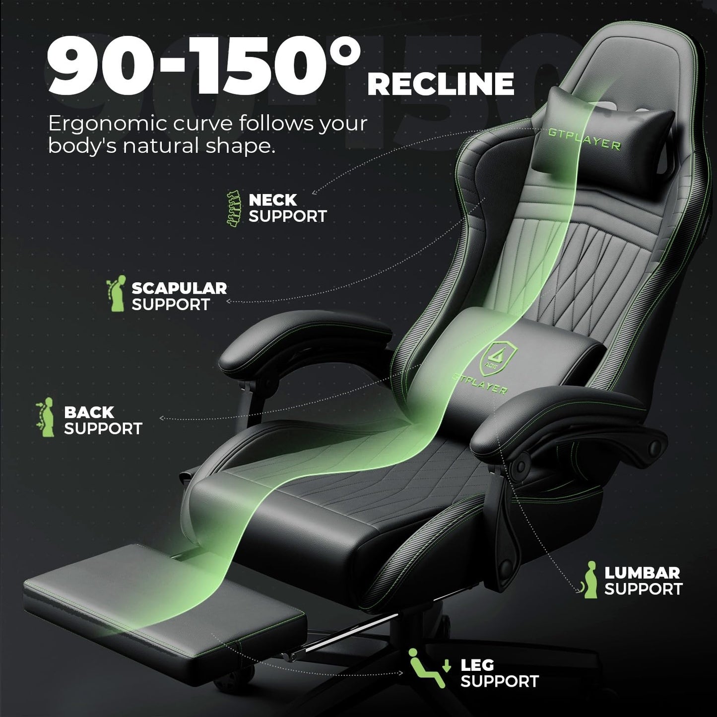 GTPLAYER ACE-PRO Music Gaming Chairs – Built-in Speakers, App Support & Bluetooth Control, Computer Game Chairs with Footrest for Adults, Ergonomic, Reclining, Linkage Armrest, Black & Green Stitch