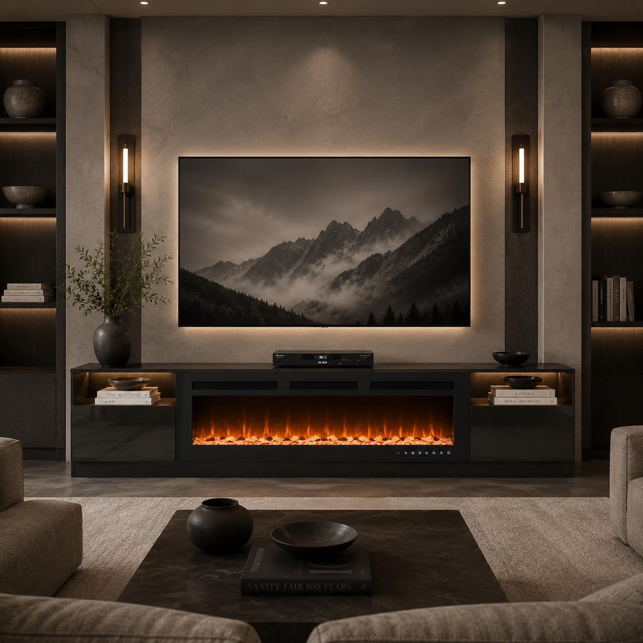 OneBlis 90" Fireplace TV Stand for TVs Up to 100",Entertainment Center with 50” Electric Fireplace and 12 Colors LED Lights,Large TV Console with Storage Cabinet for Living Room,All Black