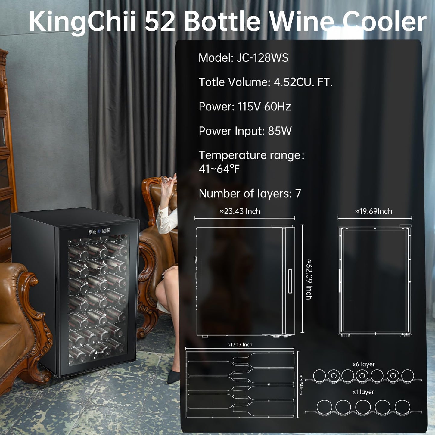 KingChii 52 Bottle Wine Cooler Refrigerator - Intelligent Digital Control Wine Fridge, Low Noise Operation, Freestanding Wine Refrigerator for Kitchen and Home