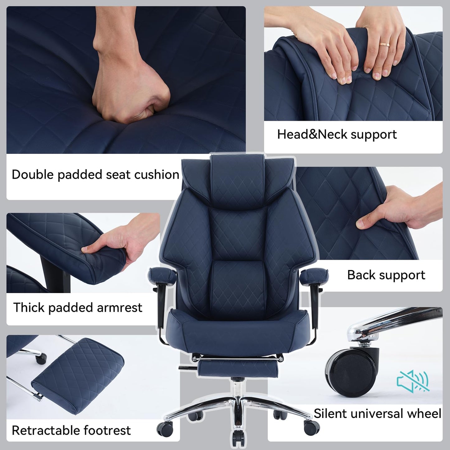 EXCEBET Big and Tall Office Chair with Footrest, PU Leather High Back Executive Office Chair 400lbs, Ergonomic Computer Chairs Lumbar Support for Heavy People (Blue)