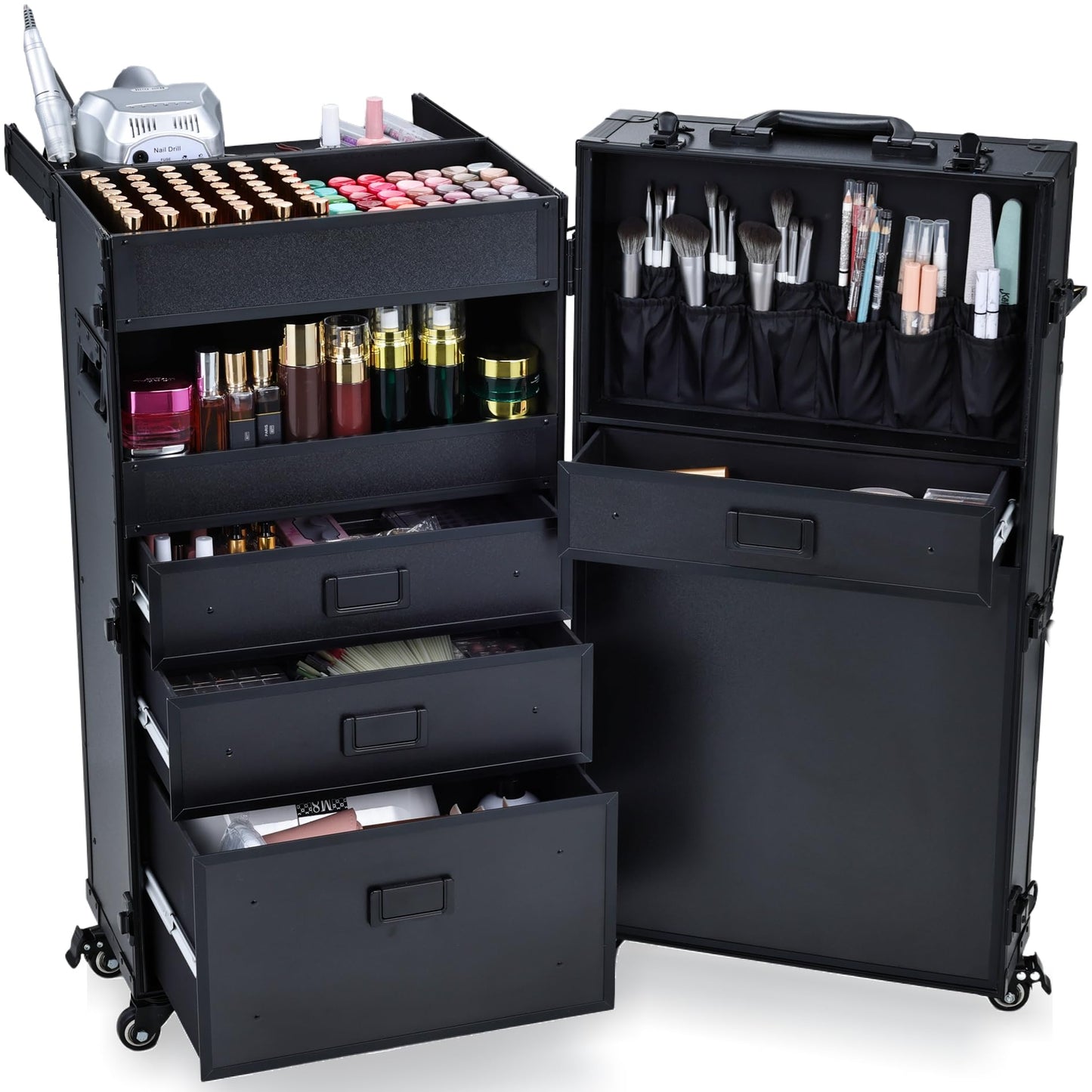 Adazzo Mobile Nail Tech Station & Rolling Makeup Case with Drawers - Lockable Nail Travel Case for Nail Tech, Cosmetology Case on Wheels, Salon Cart & Tattoo Workstation