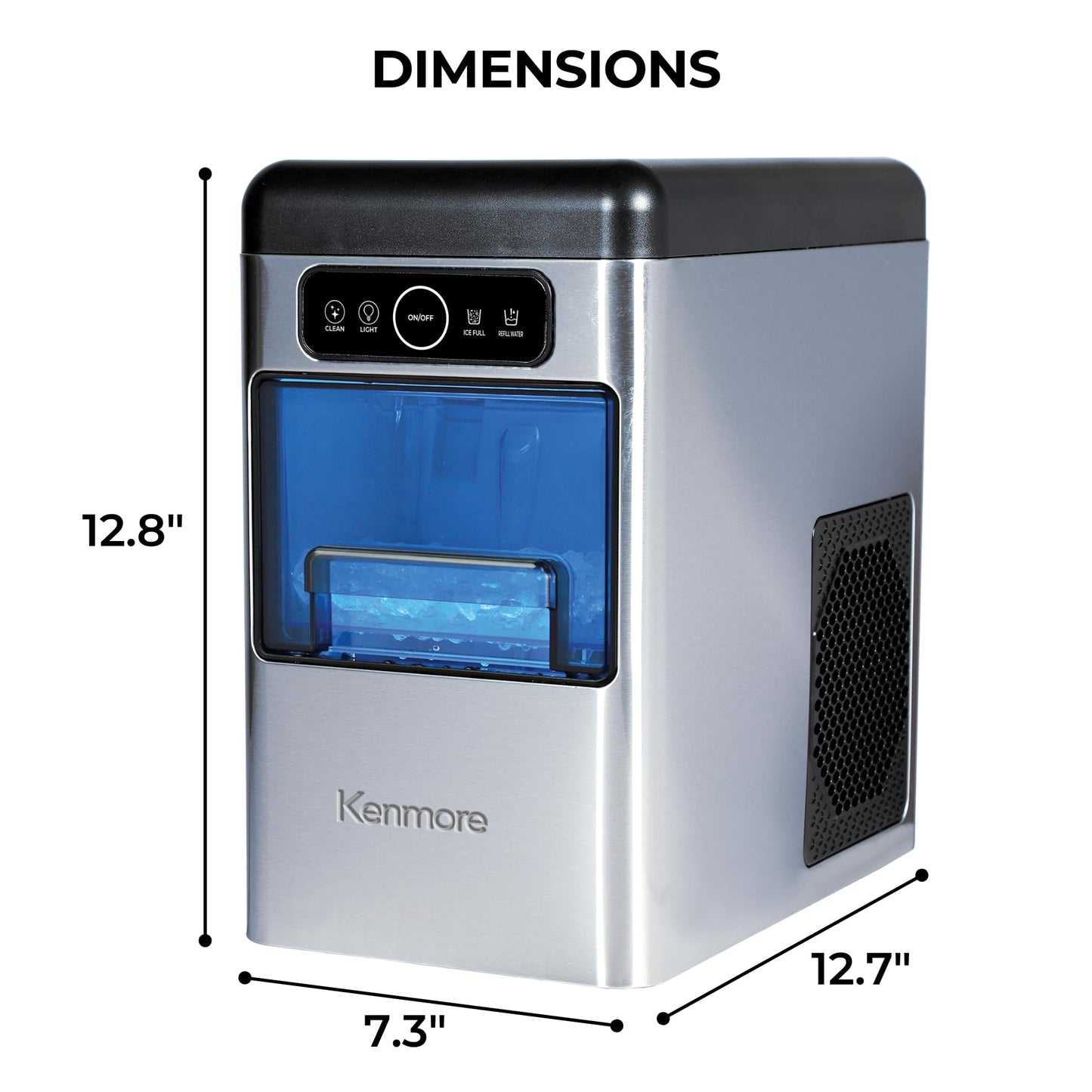 Kenmore Countertop Ice Maker Nugget Machine – Portable Self-Cleaning Máquina de Hacer Hielo para Casa, Crunchy Chewable Pebble Ice, 40lb/24hr Capacity, Stainless Steel