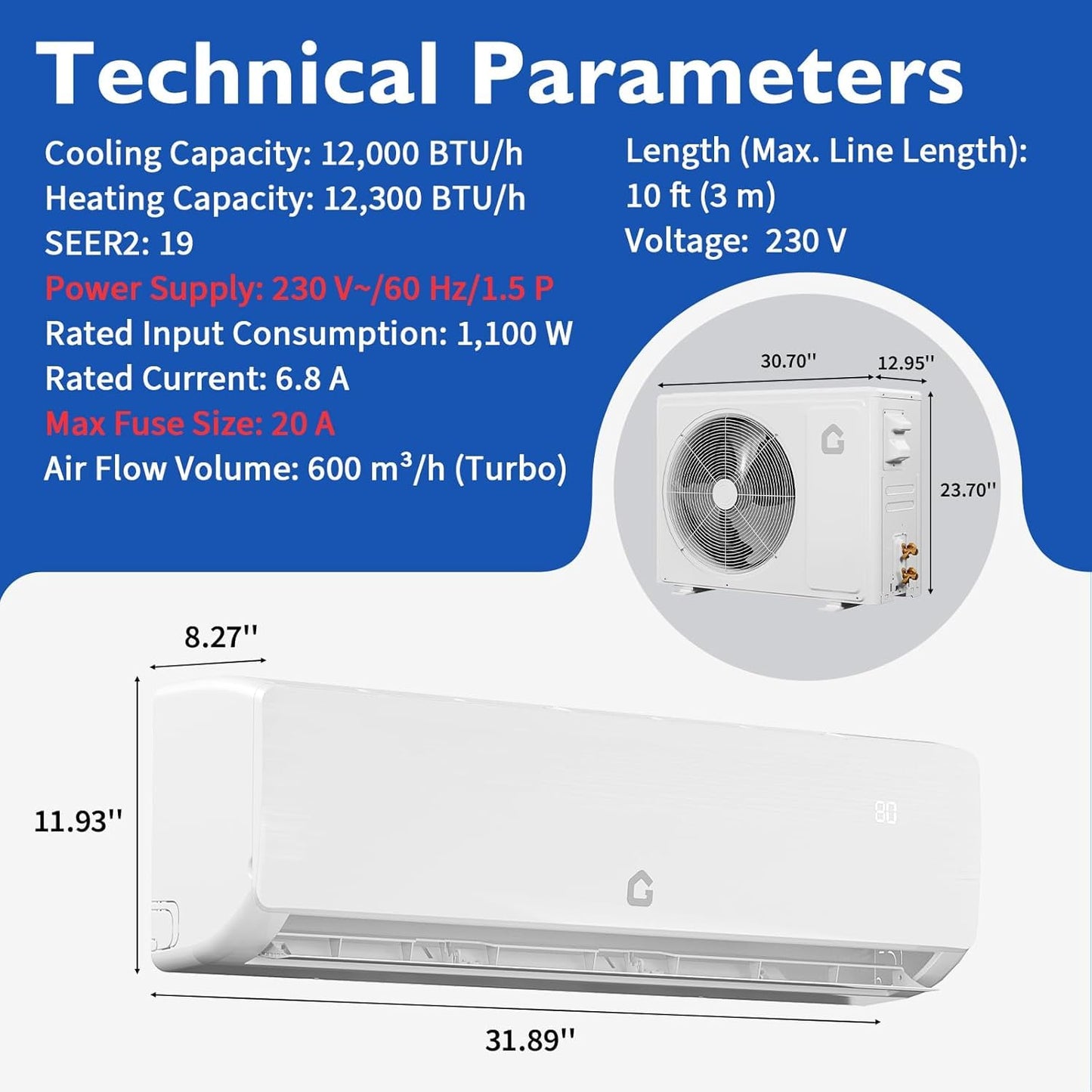 Garvee 12000 BTU Mini Split AC/Heating System, 19 SEER2 Inverter Split System Air Conditioners, Ductless Wall Mount Heat Pump, AC Unit Cool Up to 750 Sq. Ft, Installation Kits, 230V