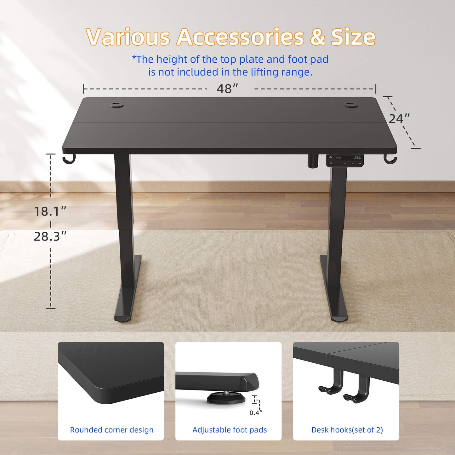 YIHAYO Low Height Adjustable Desk, Lifts 18.1-28.3 Inches, Electric Standing Desk for Short People, 48 x 24 Inches Computer Table with Splice Board for Home Office, Black
