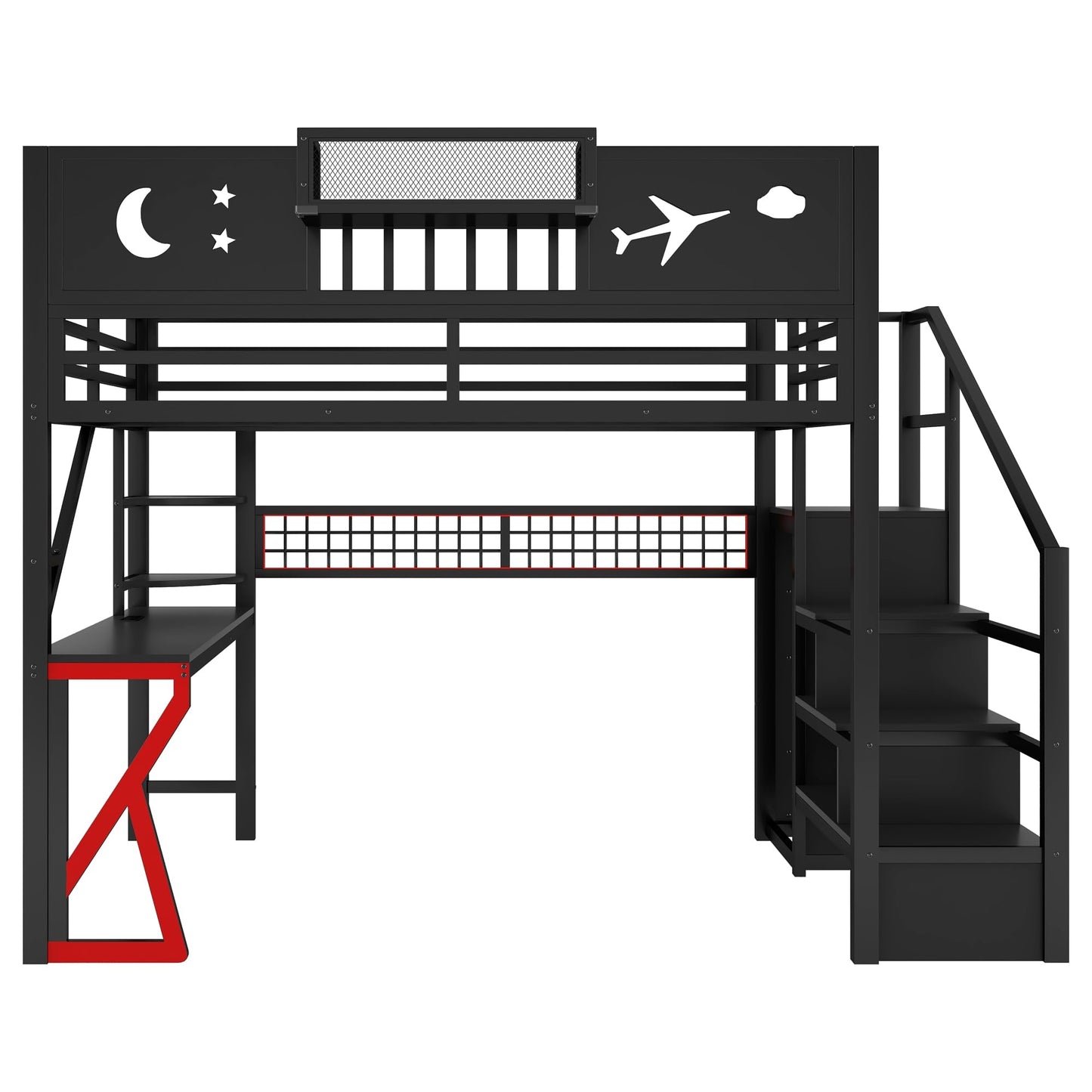 KEIKI Full Size Loft Bed with Storage Stairs, Wardrobe, Desk, Metal Loft Bed Frame with LED Lights, Charging Station, Guardrails, Storage Shelves for Kids Teens, No Box Spring Need, Black