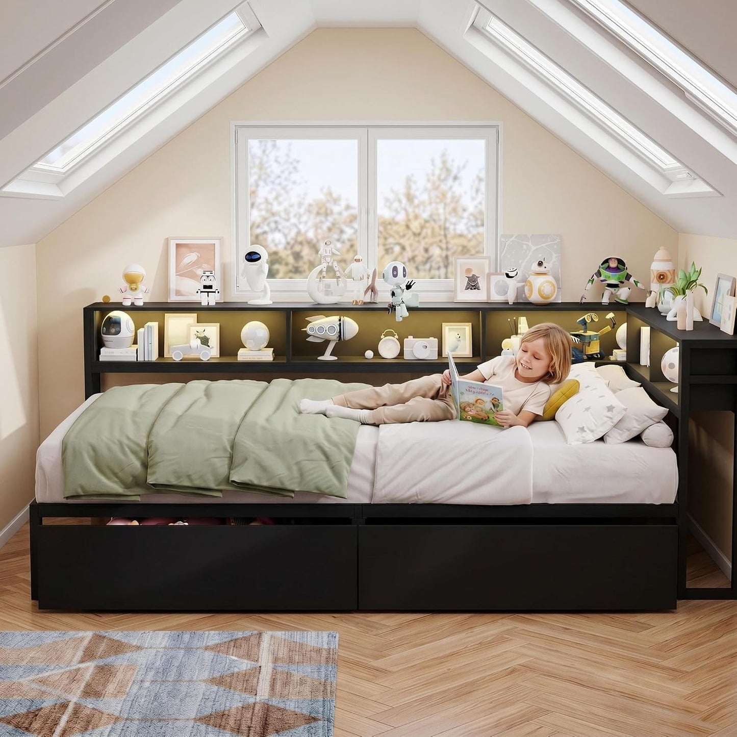 Garvee Twin Corner Bed Frames - with Charging Station and LED Lights, Twin Size Bed Platform with 2 Storage Drawers and Bookcase Headboard, Modern Twin Daybed for Kids Teens Guests, Black