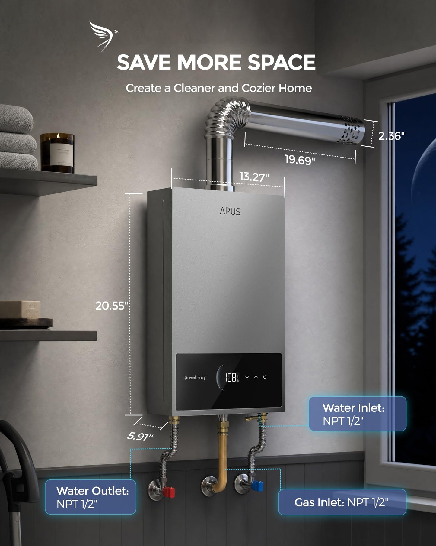 APUS Tankless Water Heater Propane Gas, Up to 3.6 GPM, Indoor Hot Water Heater, 80,000 BTU on Demand Instant Hot Water Heaters with Smart Digital Display