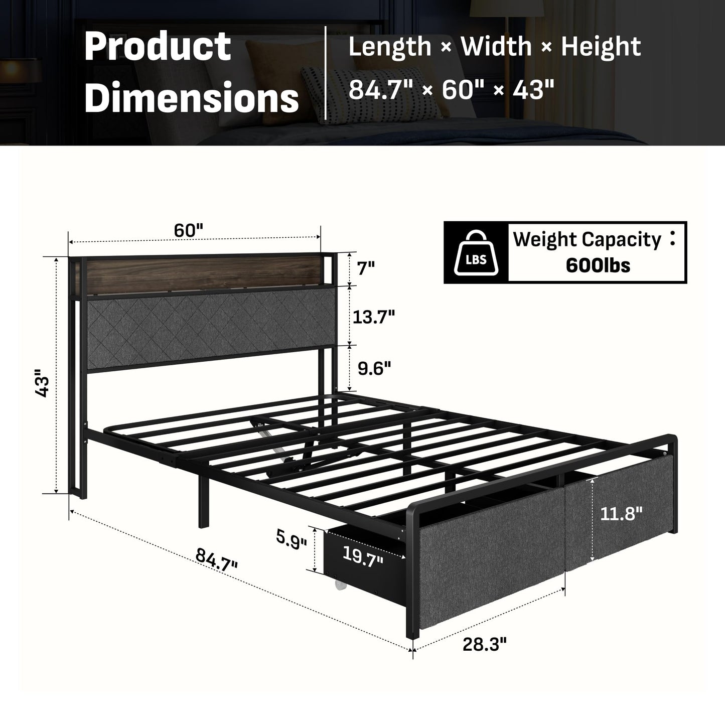 Softa Queen Adjustable Bed Frame with Storage Headboard and Charging Station, Power Head Lift with 2 Footboard Drawers, Upholstered Metal Frame, No Box Spring Needed