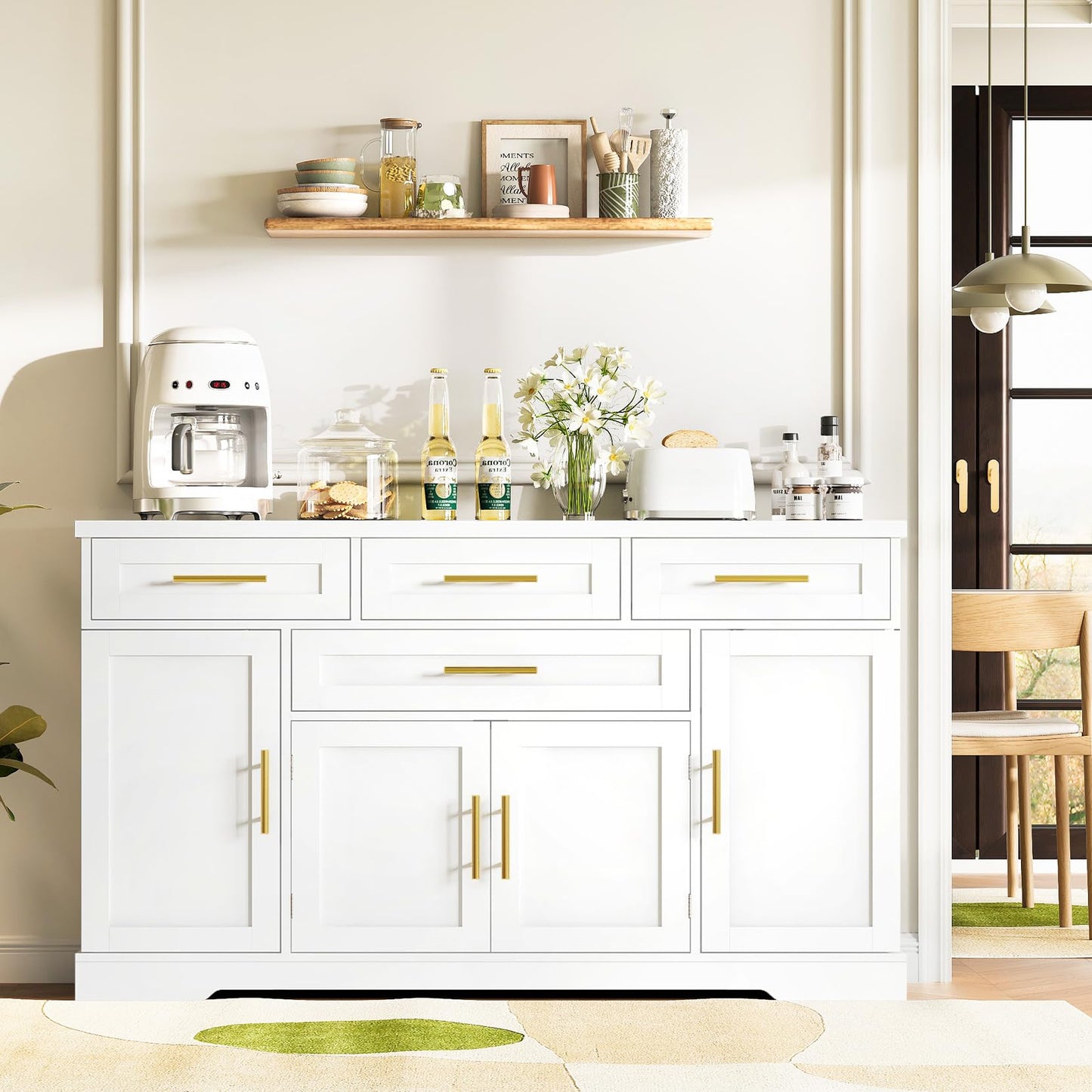 54" Storage Buffet Cabinet, Sideboards with Doors and Shelves, Small Coffee Bar Cabinet with 4 Drawers, Modern Kitchen Storage Cabinet for Living Room, White