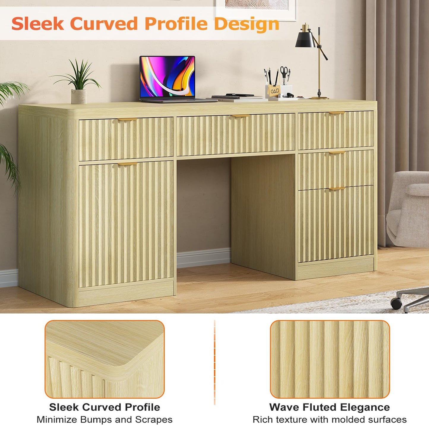 knoworld Fluted Executive Desk with Charging Station, 58" Wood Home Office Desk with 4 Drawers, 1 File Cabinet, 1 Storage Cabinet, Modern Writing Desk for Work, Living Room, Bedroom (Natural)