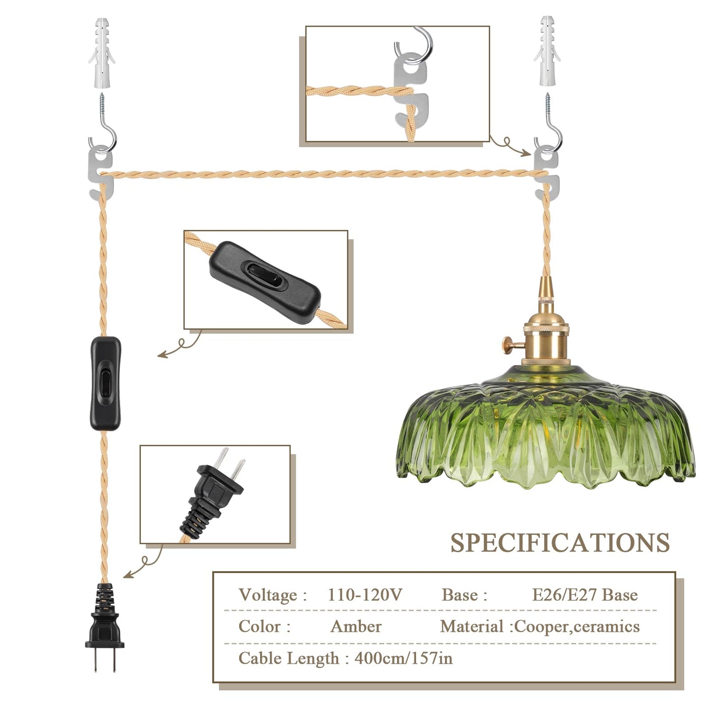 Loiogohot Plug in Pendant Light Fixture, Green Glass, E26, 9.4in, Model BN1167-GN-PI for Kitchen, Bedroom, Dining Room, Living Room