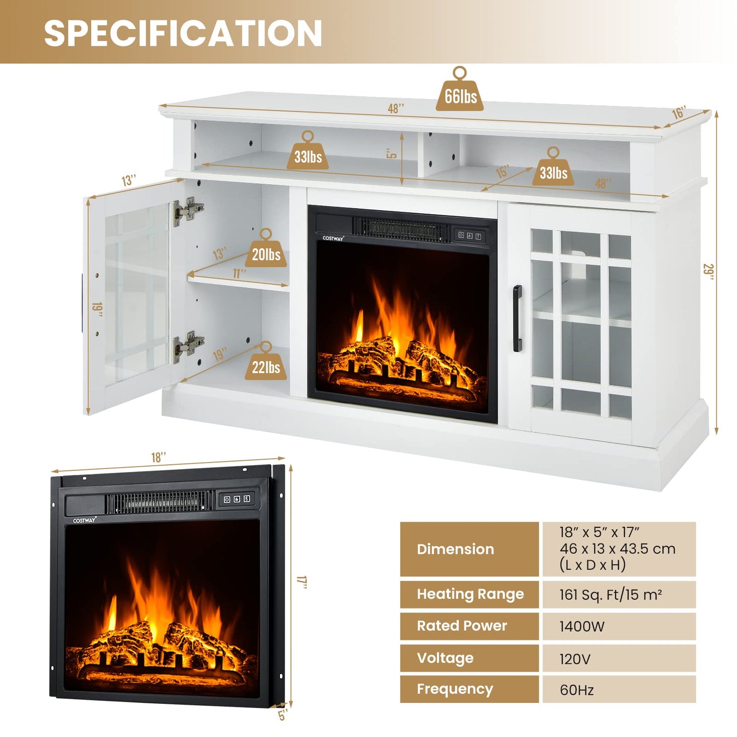 Happygrill Electric Fireplace TV Stand Up to 55 Inches, 48 Inch TV Stand w/Heater, Remote & Storage, Overheat Protection, Wooden Entertainment Center w/Adjustable Shelves for Living Room, White