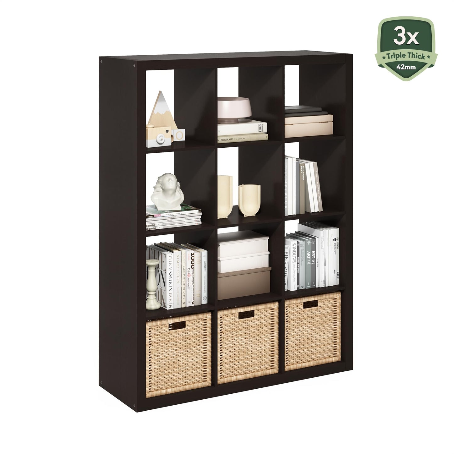 Furinno Cubicle Book Shelf, 12-Cube Bookshelf, Triple Thick Frame Cube Storage Organizer Bookcase, 1.65" Thick, 15.3 x 57.4 x 43.3, for Living Room, Bedroom, Home Office, Black Dark Oak