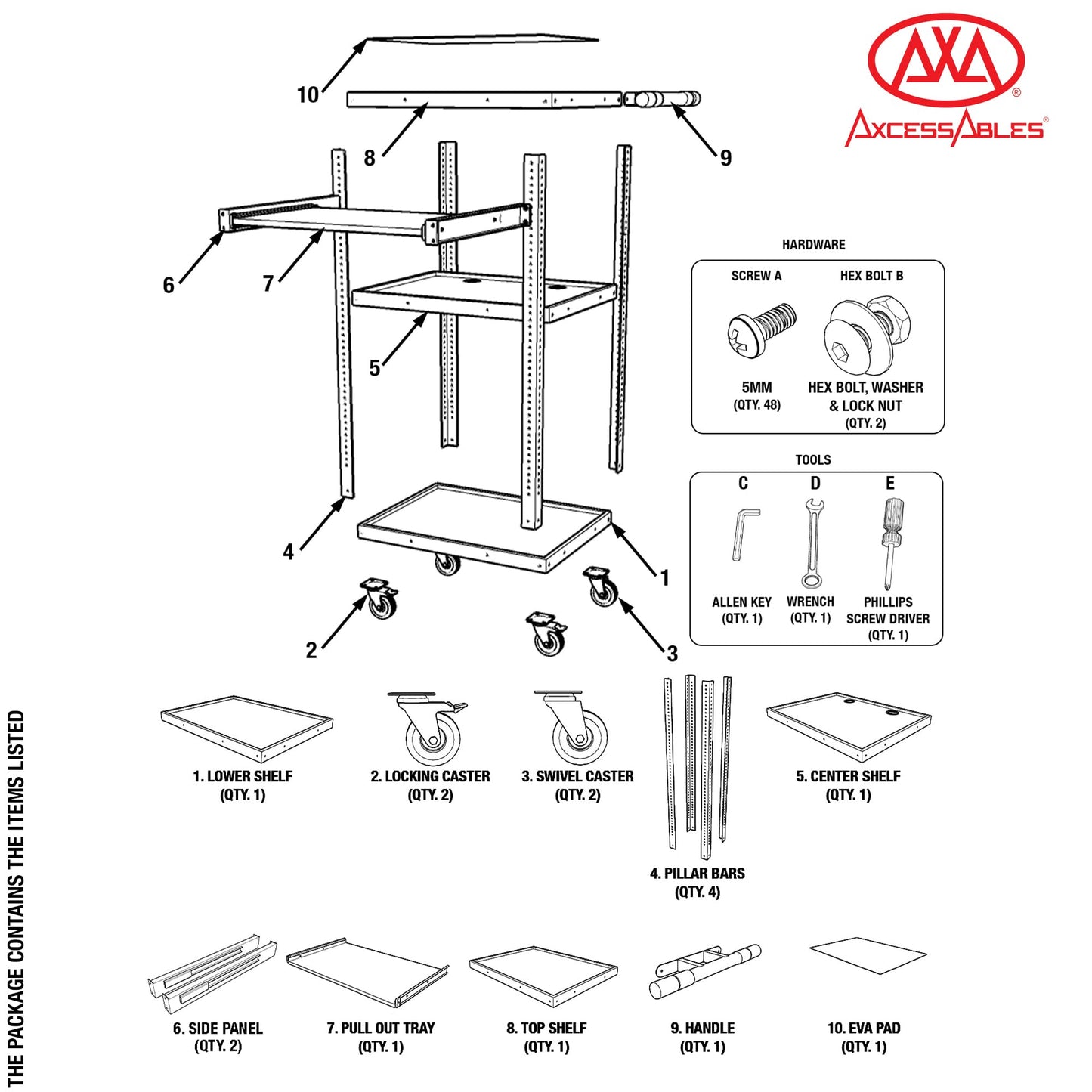 AxcessAbles Computer Cart on Wheels 400LB Capacity, Metal AV Equipment Utility Workstation, with Pullout Keyboard Tray, Locking Caster Wheels.