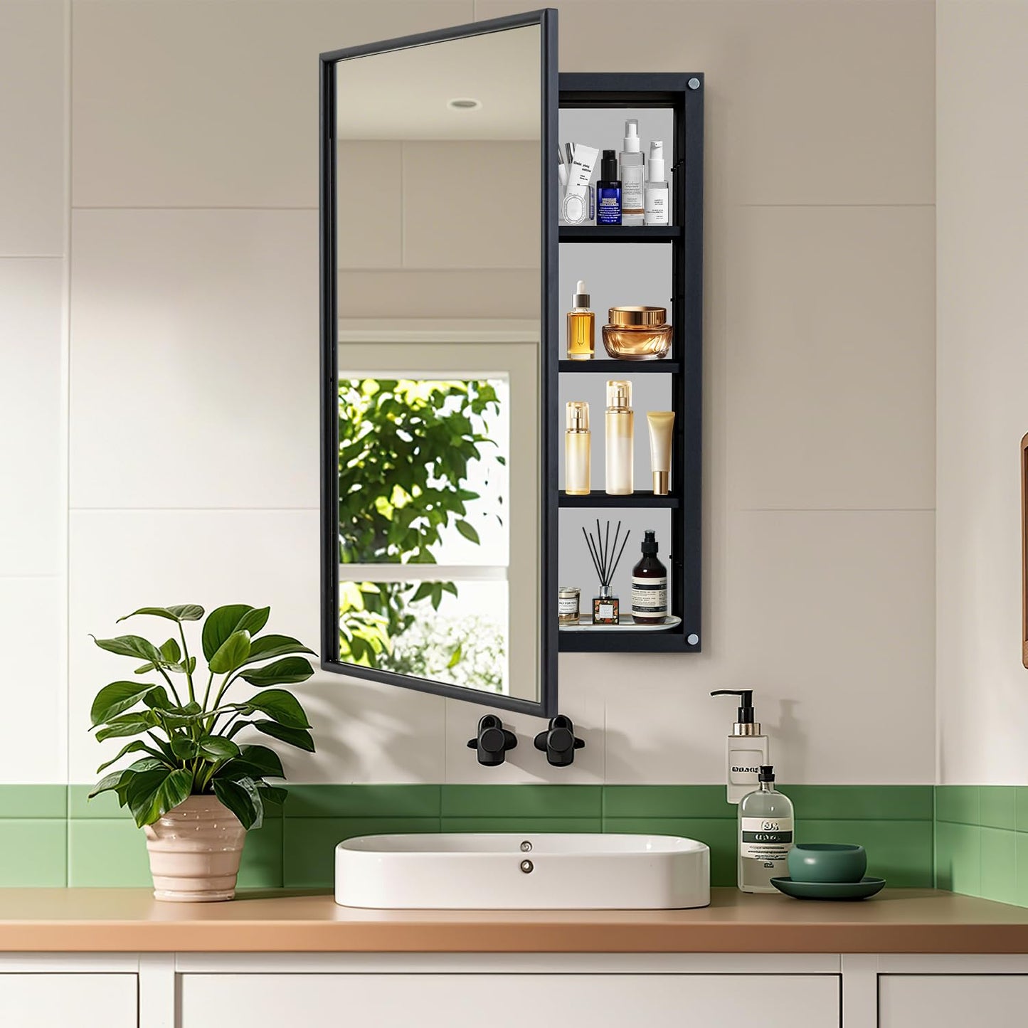 YOOSHINE Black Bathroom Medicine Cabinet with Mirror Squared Rectangle Metal Frame Recessed Or Wall Mounted Single Door Storage Medicine Cabinets with 3 Adjustable Shelves (Black, 20 * 30'')