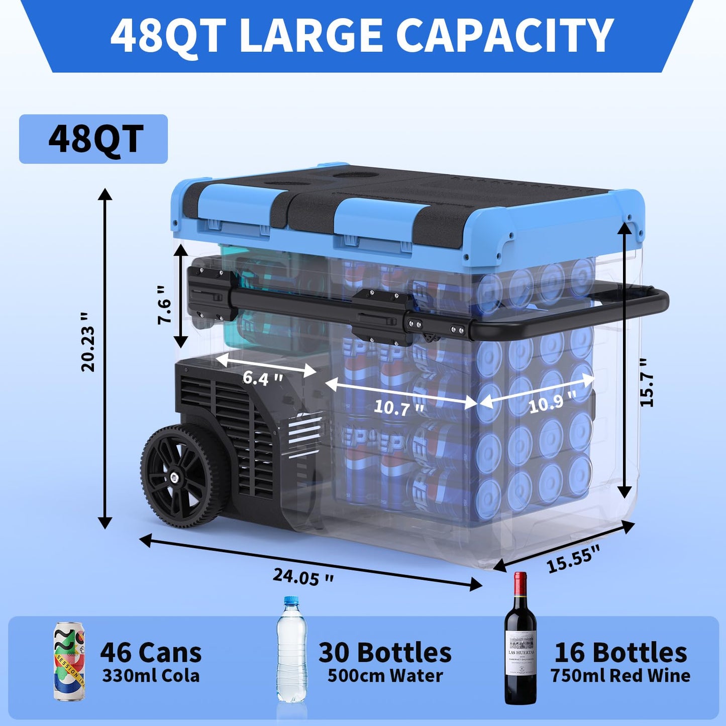Tecnolove 45L Dual Zone Car Refrigerator Freezer, -4℉~68℉, 48Qt Compressor Cooler with Reversible Door, Metal Handle, Dual Battery Slot, 100–240V AC / 12V / 24V DC Powered, LED Light – Ice Blue