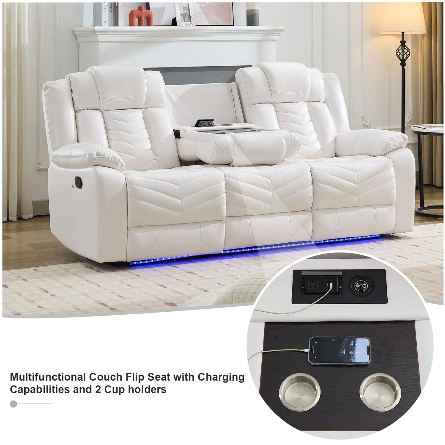 KEIKI 2-Piece Power Reclining Sofa Sets, Technical Leather Loveseat Sofa & 3 Seat Sofa, Living Room Furniture Set with Electric Recliners, Wireless Charger, Cup Holder, Storage Armrest, White