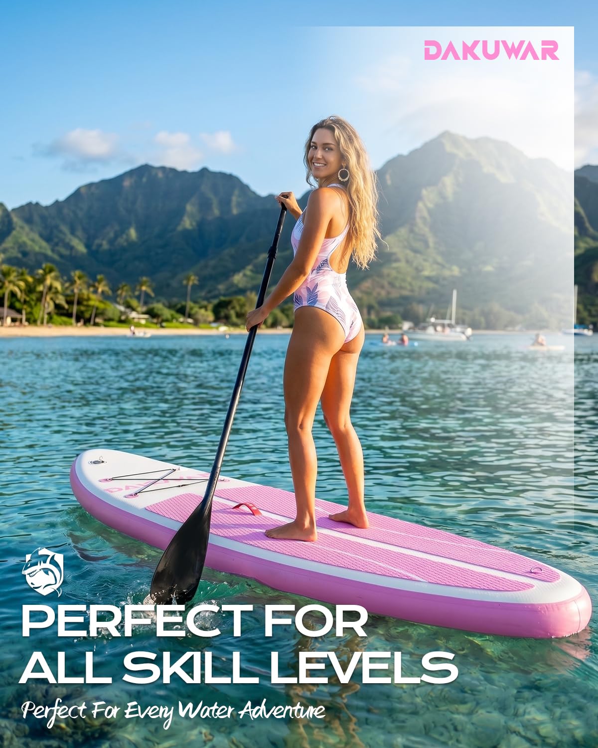 DAKUWAR Inflatable Paddle Board 10'x31.5''x6'' Folding Stand up Paddle Boards with SUP Accessories Valve Adaptor/2 fins/SUP Backpack/Ankle Leash/Repair Kit (Pink and White)