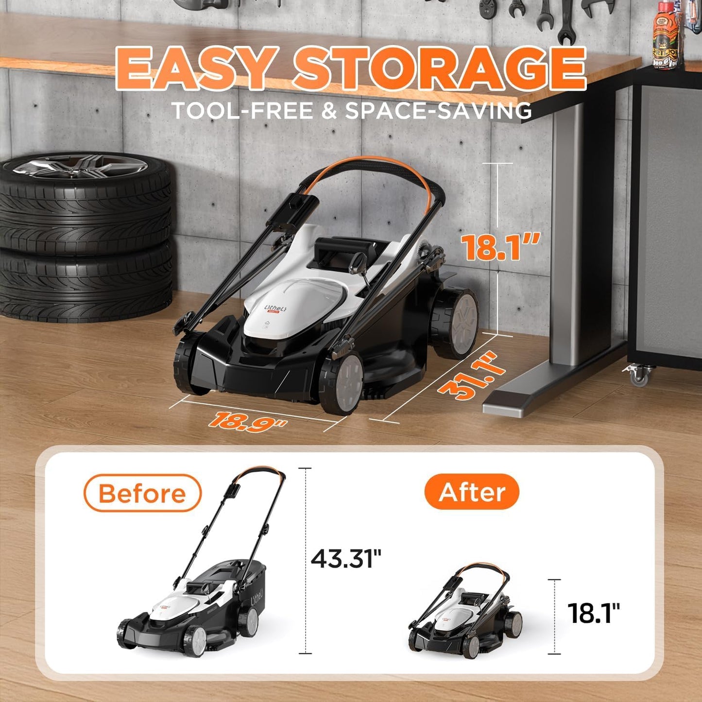 Litheli 18-inch 40V Brushless Lawn Mower for Garden Yards, Lightweight Cordless Lawn Mower Battery Powered with 6-Position Height Adjustment, 2x4.0Ah Battery Include