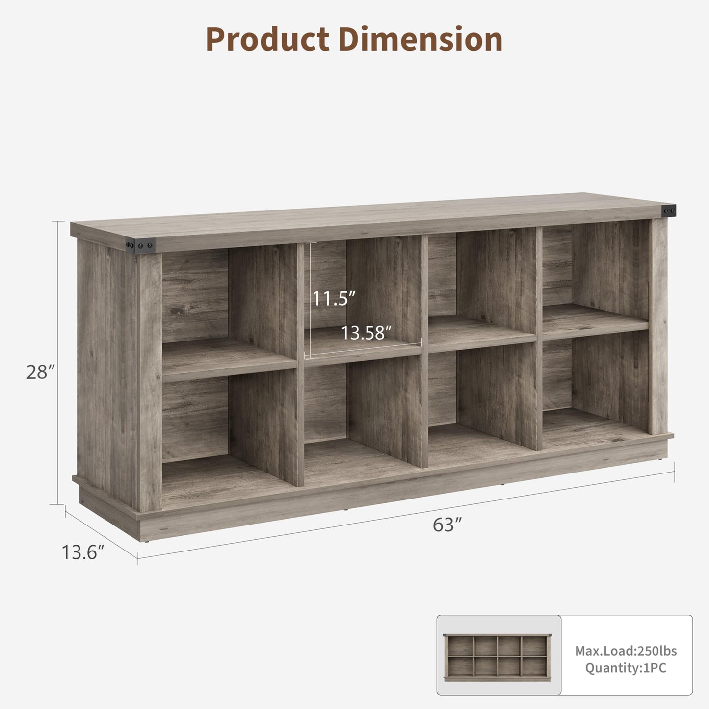 Garvee 8 Cube Storage Organizer Bookshelf, Farmhouse Horizontal Bookcase, 62 in Long Low Bookshelf, Wood Storage Bookcase for Living Room, Entryway, Home Office, Grey