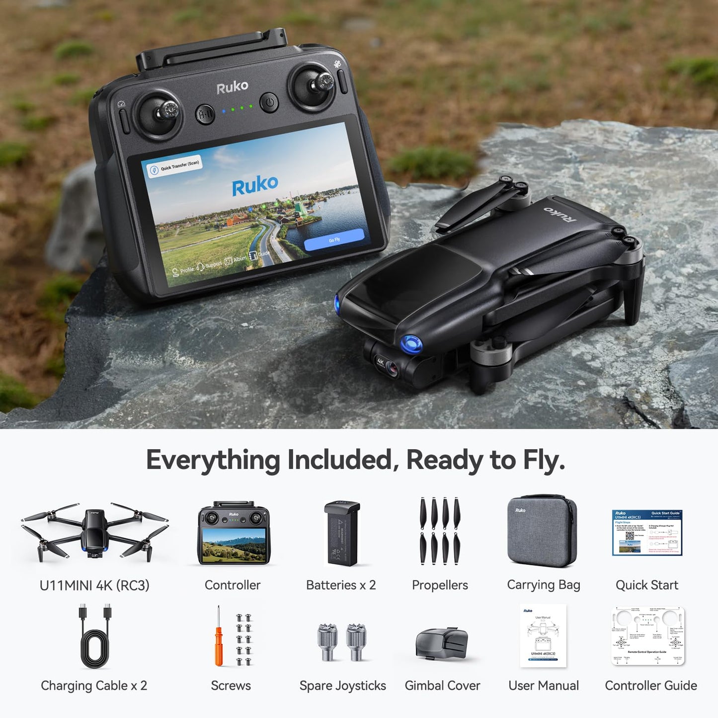Ruko U11MINI 4K (RC3), Professional 8K Drone with 5.5" Touchcreen, Drones with camera for Adults 4K Video, 3-Axis Gimbal, 20000ft FPV Transmission, Under 249g FAA Exempt, Beginner (64-Min Flight)