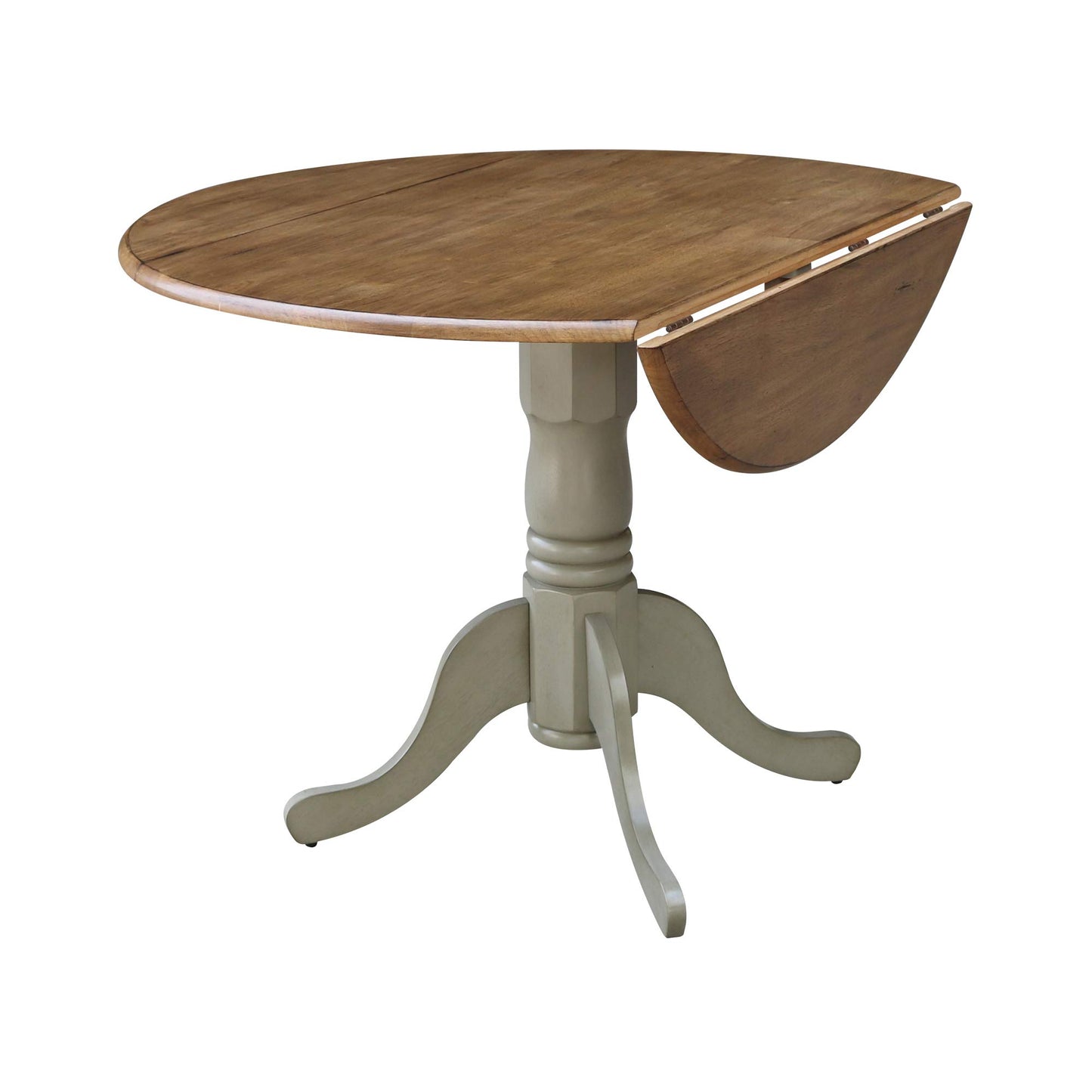 IC International Concepts, 42" Round Dual Drop Leaf Pedestal Dining Table, Solid Real Wood, Sturdy Parawood, Distressed Hickory/Stone