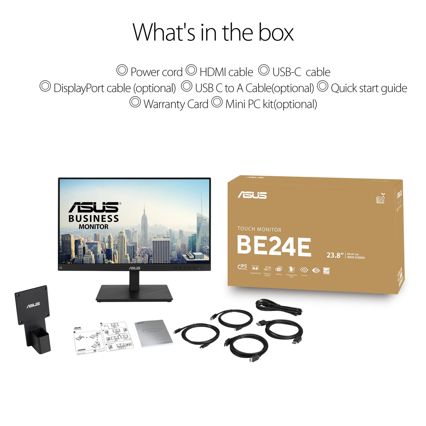 ASUS 24" 1080P Multi-Touch Monitor (BE24ECSBT) - Full HD, IPS, 10-Point Touch, IPS, Eye Care, USB-C with Power Delivery, HDMI, DisplayPort Daisy Chain, Height Adjustable, VESA Wall Mountable