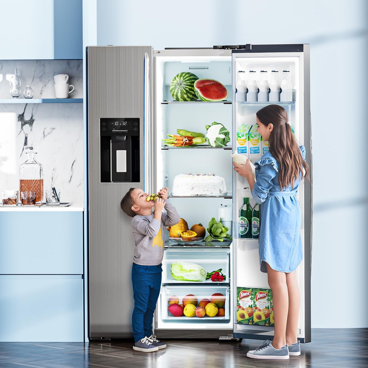 Antarctic Star 20 Cu.Ft French Door Refrigerator, Stainless Steel Fridge with Side Freezer & Water Dispenser, Nugget and Cube Ice Maker, Adjustable Thermostat