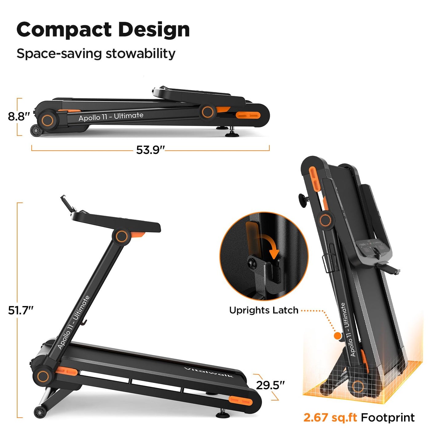 Vitalwalk Foldable Treadmill with Auto Incline, Commercial 49"x18" Wide Running Belt, 10MPH, 3.5HP Brushless, Walking Pad Treadmill for Home, Auto Folding, No Installation, 350LBS, APP, Standard