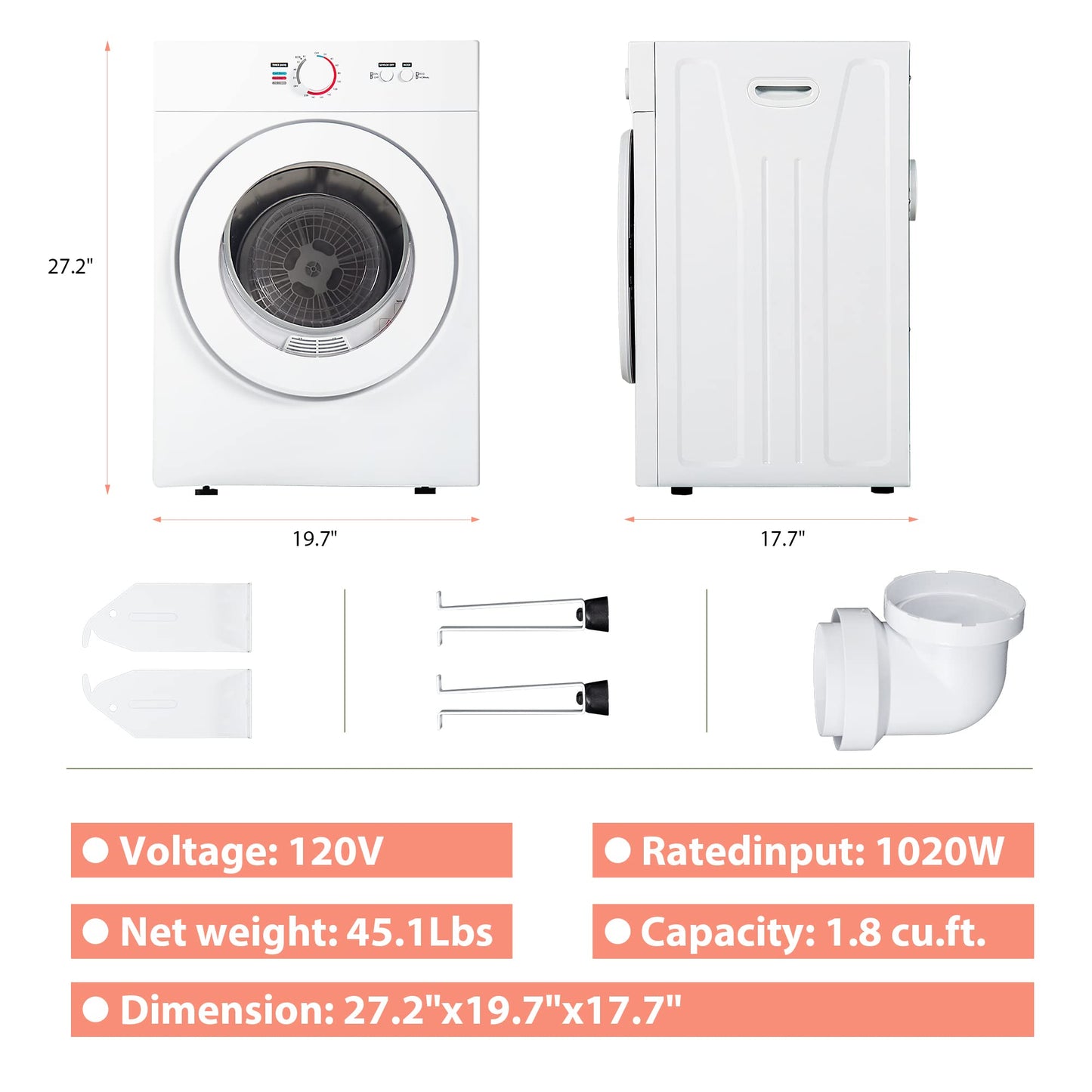 Euhomy Compact Dryer 1.8 cu. ft. Portable Clothes Dryers with Exhaust Duct with Stainless Steel Liner Four Function Small Dryer Machine, Suitable for Apartments, Dorm, RVs, White