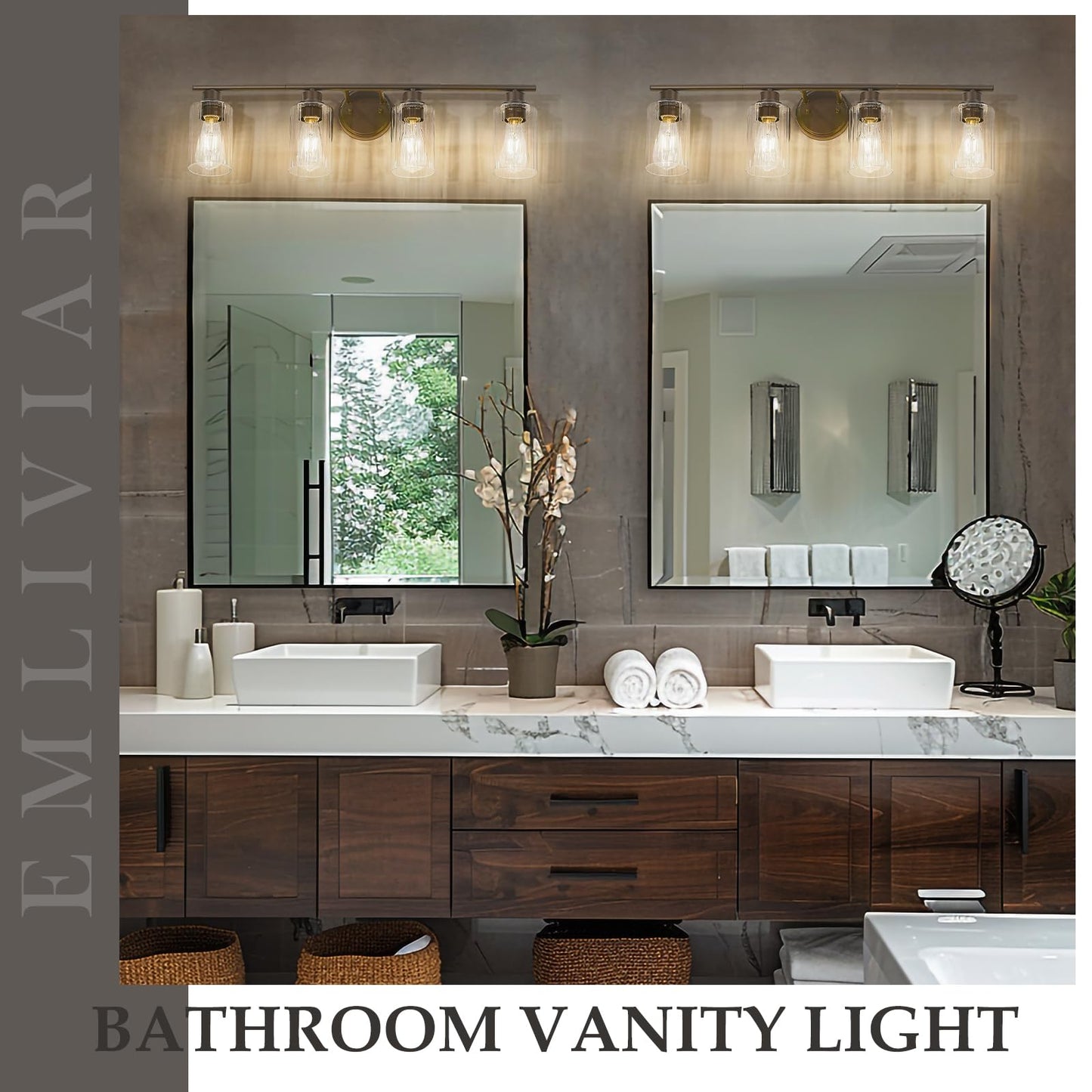 Emliviar 4-Light Vanity Light Fixture, 31 Inch, Fluted Ripple Glass Shade, Oil Rubbed Bronze Finish, Model YE295B