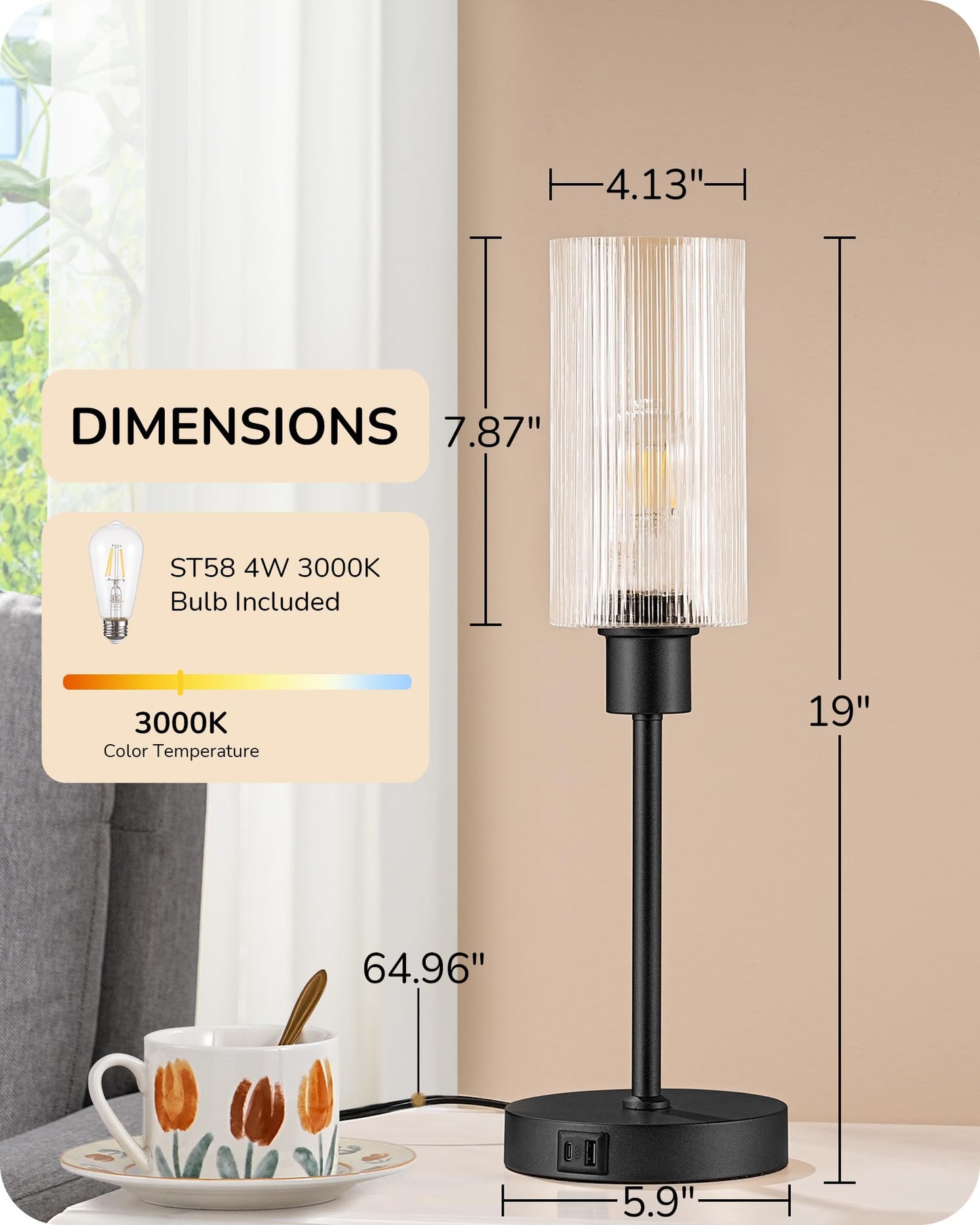 EDISHINE Table Lamp, Touch Control, 3-Way Dimmable, USB C+A Ports, Glass Shade, Black, Model 6e0d2e66-4aa0-