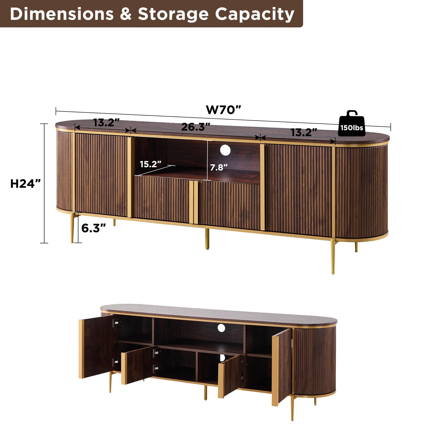 OKD 70" Fluted TV Stand with Storage, Faux Marble Top Entertainment Center for TVs Up to 80", Modern Curved Edge Media Console Cabinet for Living Room, Dark Walnut