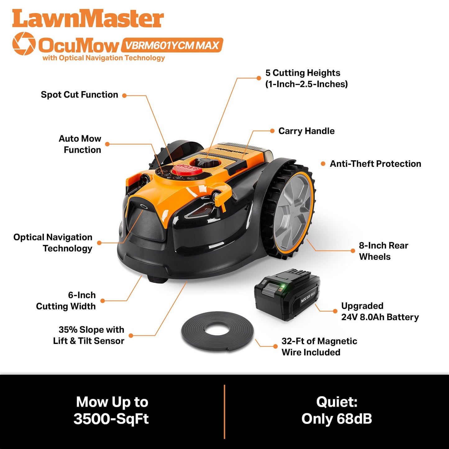 LawnMaster OcuMow™ VBRM601YCM MAX Perimeter Wire Free Robot Lawn Mower Cuts Small Lawns 2000-3500 Square Feet with Optical Navigation, Obstacle Avoidance, Low Noise and No Go Function