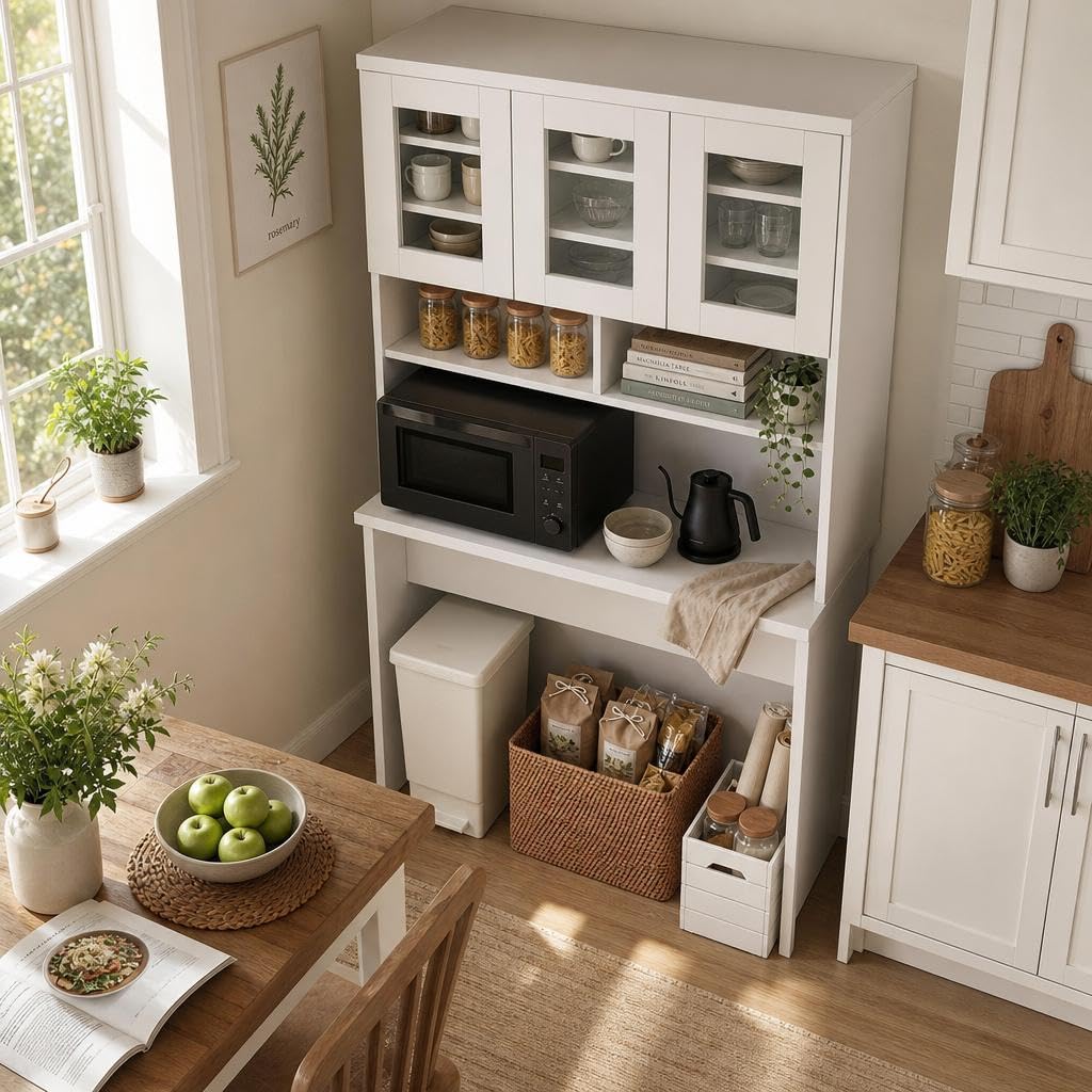 Garvee 71.5" Kitchen Cabinet with Trash Can Storage, Kitchen Trash Can Cabinet with Microwave Stand, 35.4" Wide Kitchen Pantry with Garbage Storage for Dining Room