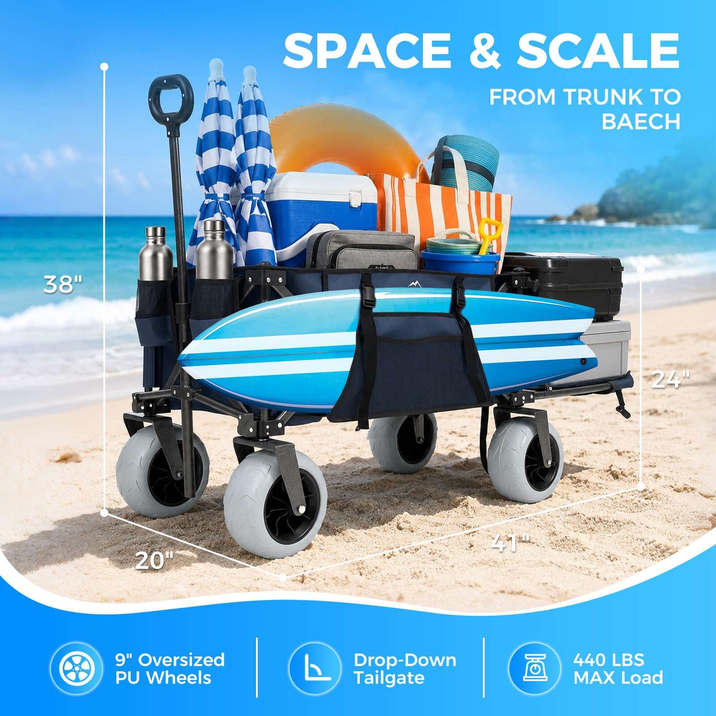 Heavy Duty Beach Wagon with 9" Big Sand-Proof Wheels, Extended Tailgate Design, 440lbs Folding Wagon Cart, 41" Utility Wagon with Side Bag, Adjustable Handle for Sand, Outdoor