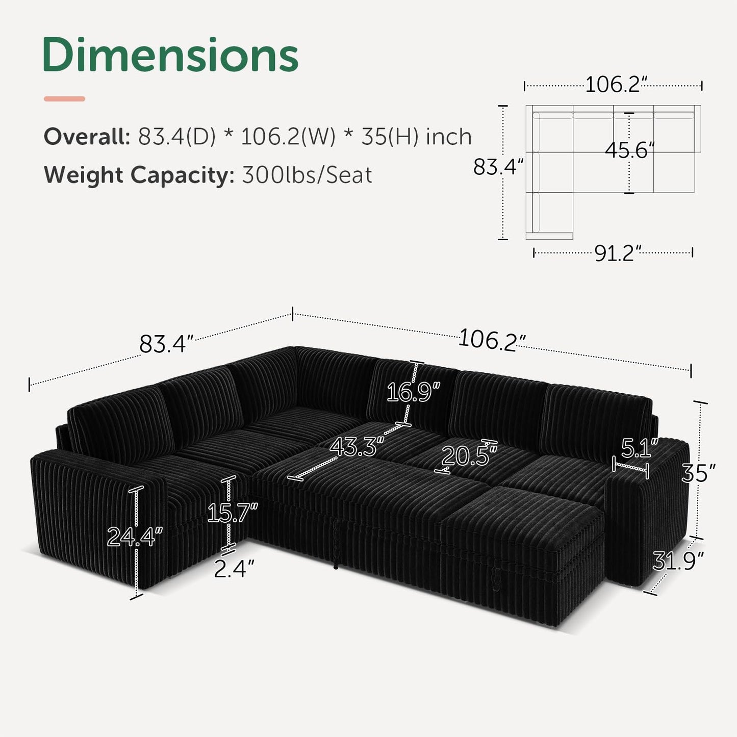 HONBAY Modular Sectional Sleeper Sofa with Pull Out Bed,Corduroy U Shaped Couch with Storage, Sectional Couches for Living Room,Black