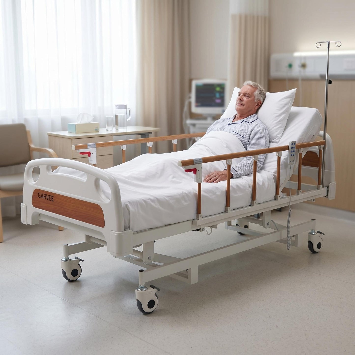 SierraSquad Electric Home Care Bed, 3-Function Adjustable Hospital Bed with Handheld Controller, 4" Foam Mattress, 5" Locking Casters, 400 Lbs Capacity for Home Hospital Clinic