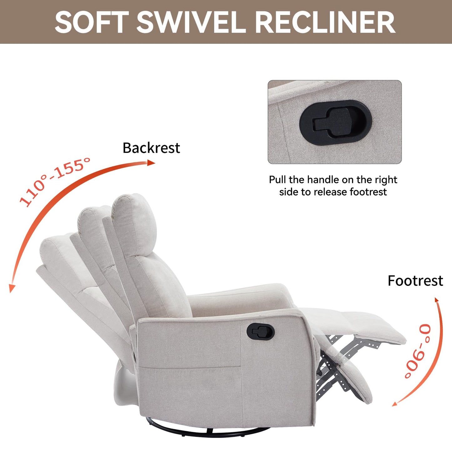 KEIKI 4-in-1 Manual Swivel Rocker Recliner Chair for Home Living Room, Polyester Chair with Back Massager & Heat, Home Theater Seating with Lumbar Support, Reading Lounge Chair for Old Money, Beige