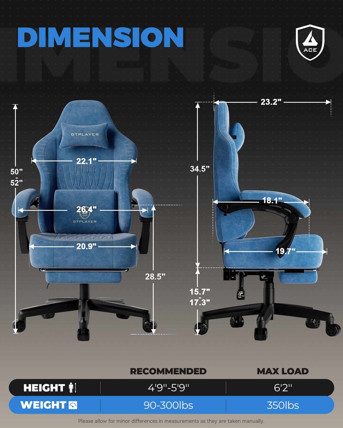 GTPLAYER Gaming Chair, Video Game Chairs with Footrest, PC Gamer Chairs for Adults - Padded High Back Ergonomic Reclining Silla Gamer, Linkage Armrest, Ace Pro, Blue (Velvet)