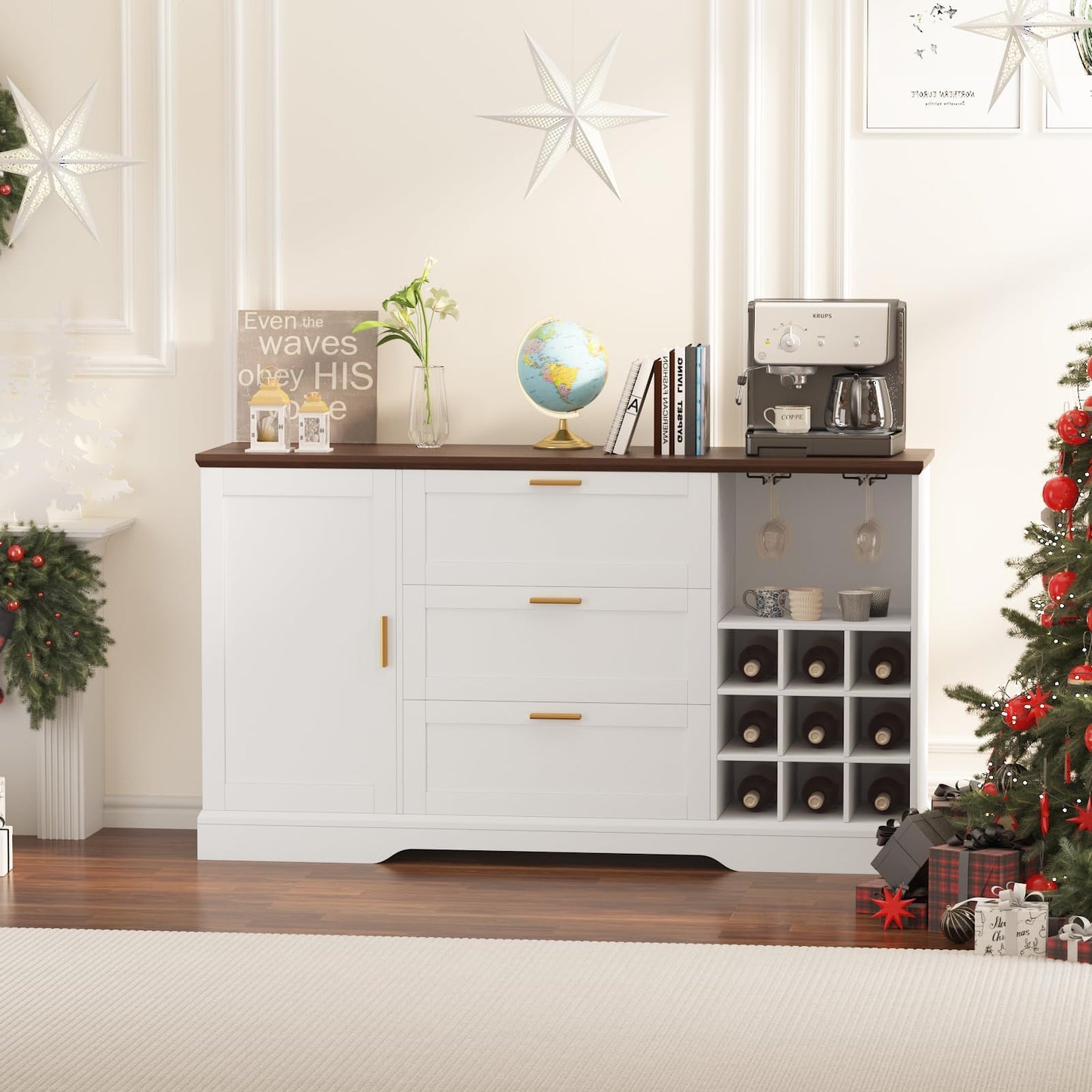 63 Inch Farmhouse Sideboard Buffet with Drawer Adjustable Shelves,Kitchen Island with Door-Back Rack for Snacks,Coffee Bar Buffet with Wine Racks Storage for Kitchen Entryway White and Walnut